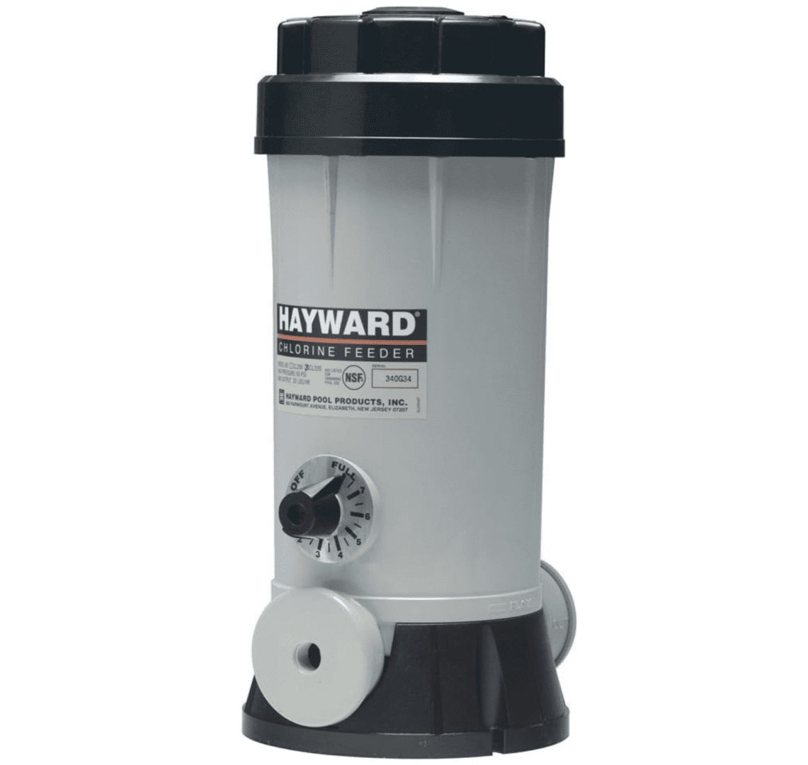 A Hayward CL220ABG Off-line Above-Ground Pool Automatic Chemical Feeder with a black handle.